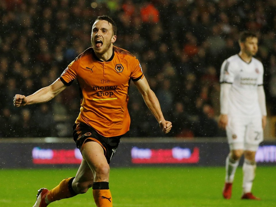 Diogo Jota v zápase Wolverhampton Wanderers - Sheffield United v Championship vo februári 2018.