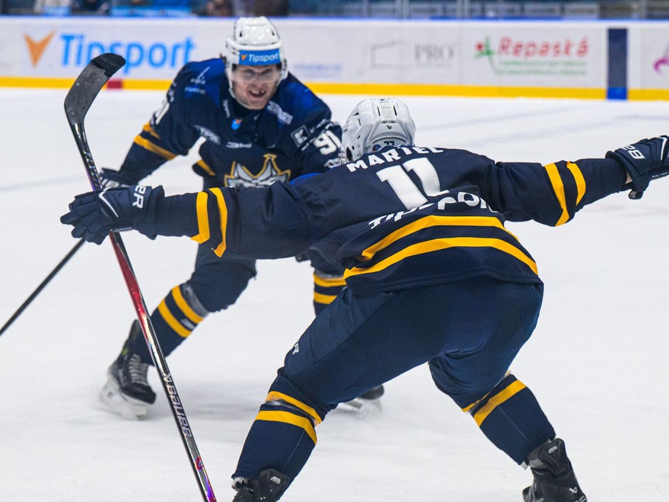 Danick Martel (Spišská Nová Ves) sa teší z gólu.