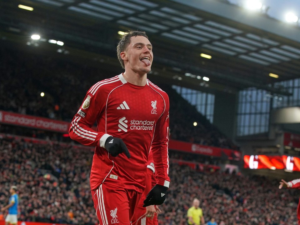 Florian Wirtz oslavuje prvý gól v drese Liverpoolu.