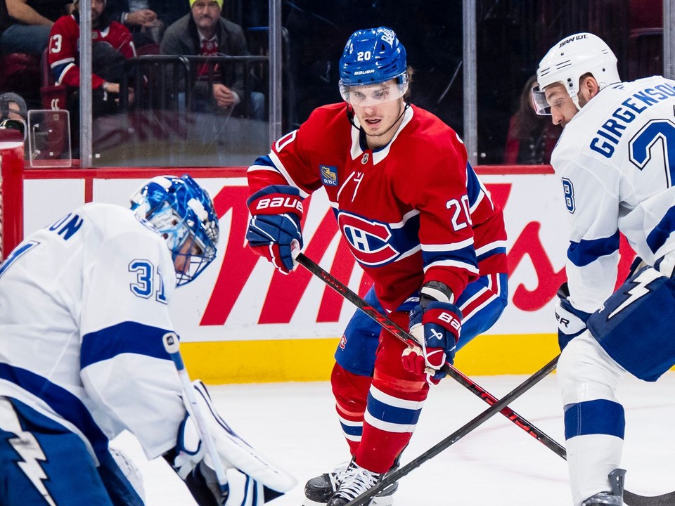 Juraj Slafkovský v zápase proti Tampe Bay, s ktorou sa Montreal stretne v prvom kole play-off. 