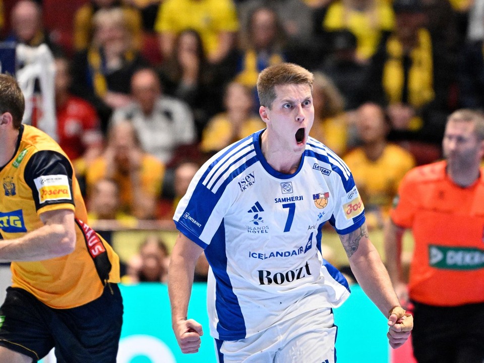 Reprezentant Islandu Viggo Kristjansson oslavuje gól do siete Švédska.