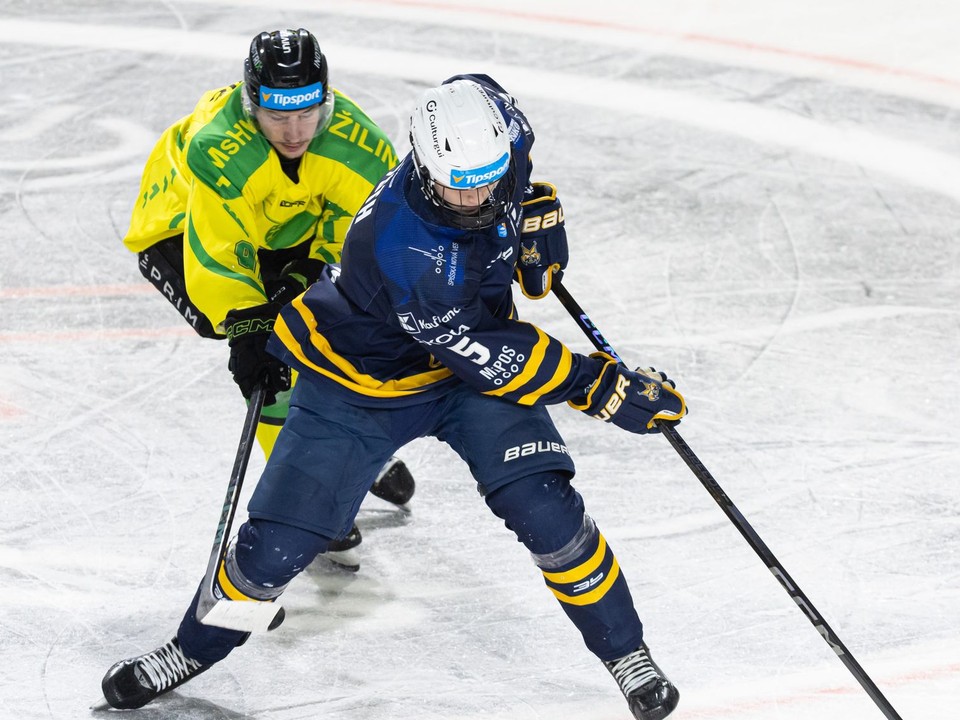 Jakub Kolenič (Žilina) a Denis Tóth (Spišská Nová Ves) bojujú o puk v zápase 54. kola hokejovej Tipsport ligy.