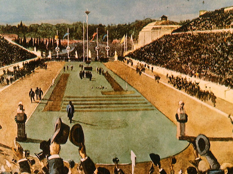 Maľba zobrazujúca finiš prvého olympijského maratónu na Panaténskom štadióne