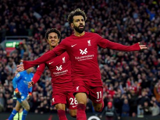 Mohamed Salah sa teší po strelenom góle v zápase Premier League Liverpool FC - Manchester City.