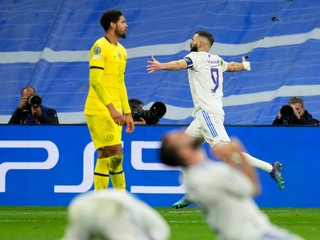 Karim Benzema sa teší po strelenom góle v zápase Ligy majstrov Real Madrid - Chelsea FC.