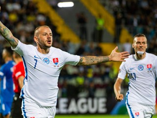 Vladimír Weiss ml. sa teší po strelenom góle v zápase Azerbajdžan - Slovensko v Lige národov.
