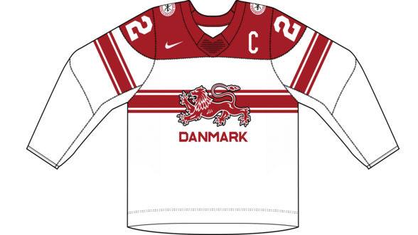 Dánsko na MS v hokeji 2024 - dresy doma. 