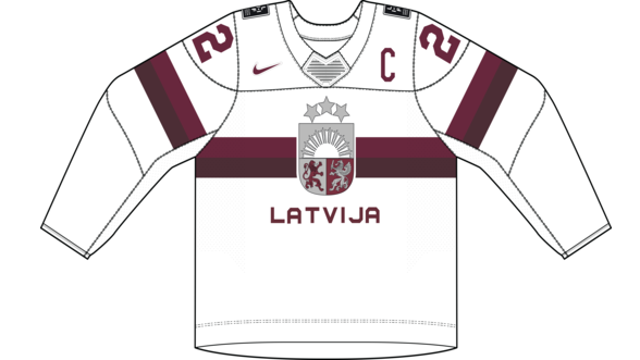 Lotyšsko na MS v hokeji 2024 - dresy doma. 