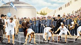 Momentka zo štartu pretekov v behu na 100 m na prvých novodobých olympijských hrách v roku 1896.