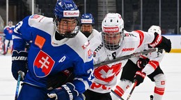Tomáš Selič (vľavo) v zápase proti Švajčiarsku na Hlinka Gretzky Cup 2026.