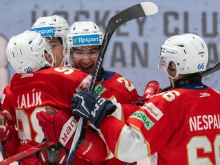 Na snímke hráči Liptovského Mikuláša sa tešia z gólu.