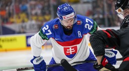 Marek Hrivík v zápase Slovensko-Kanada vo štvrťfinále MS v hokeji 2024.