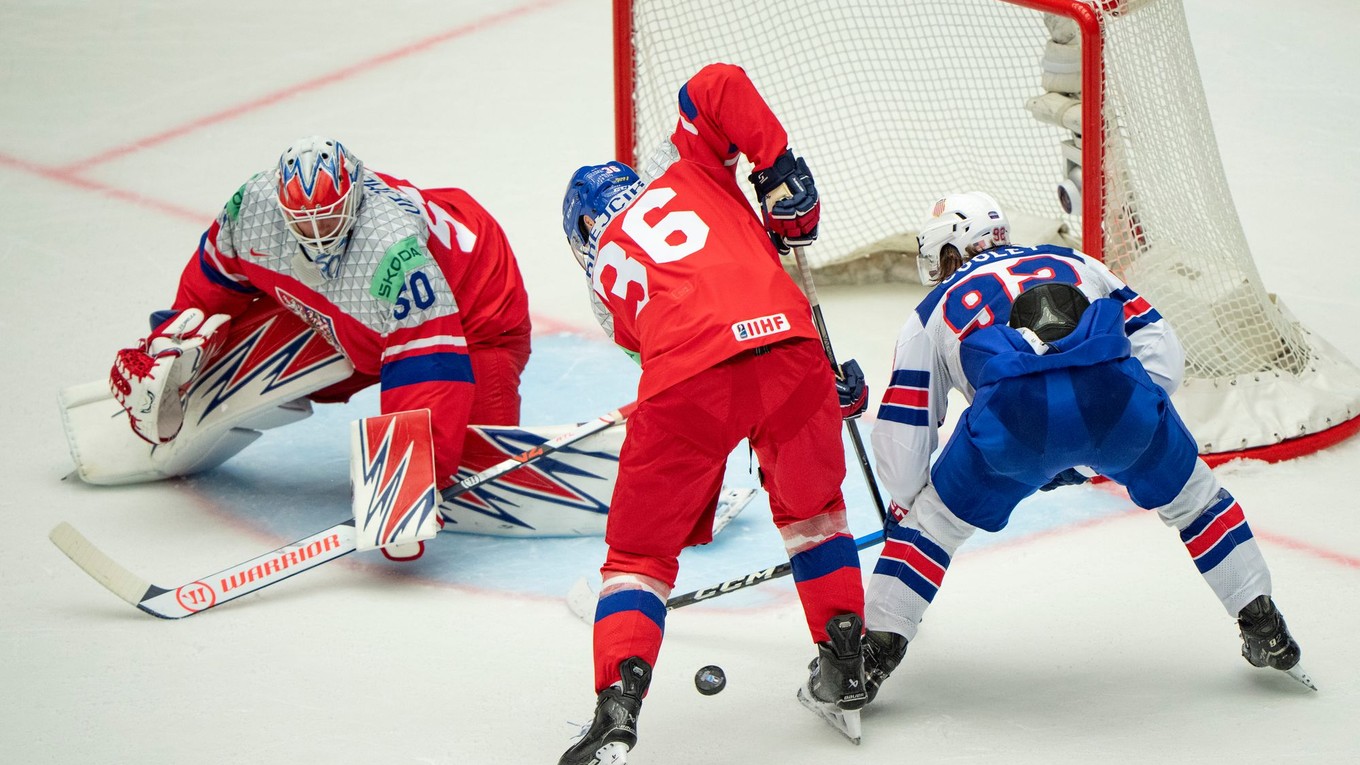 Fotka zo zápasu Česko - USA na MS v hokeji 2025.
