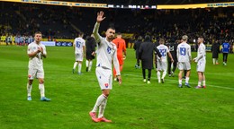 Slovenskí futbalisti po zápase Švédsko - Slovensko v skupine 1 C-divízie Ligy národov.