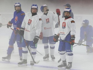 Slovenskí hokejisti do 18 rokov počas tréningu pred turnajom Hlinka Gretzky Cup 2023.