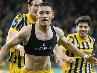 Na snímke gólová radosť futbalistov DAC po góle na 2:1, v popredí strelec gólu Damir Redzic.