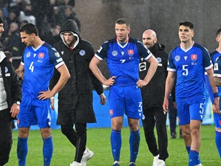 Na snímke zľava tréner Slovenska Calzona a slovenskí hráči Valjent, Vavro, Obert a Suslov.