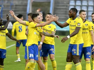 Hráči MFK Zemplín Michalovce oslavujú gól. 
