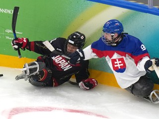 Japonský hráč Eiji Misawa (vľavo) a slovenský hráč Dávid Korman v zápase B-skupiny v parahokeji Slovensko - Japonsko.