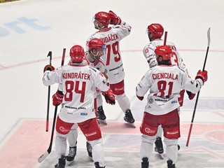 Libor Hudáček oslavuje gól v zápase Pardubice - Třinec.