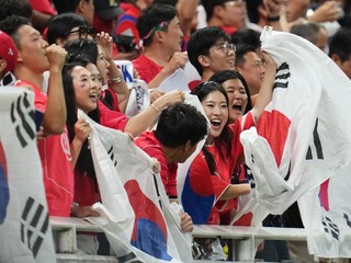 Fanúšikovia Kórejskej republiky sa tešia z výhry po zápase základnej A-skupiny Kórejská republika - Česko na majstrovstvách sveta vo futbale