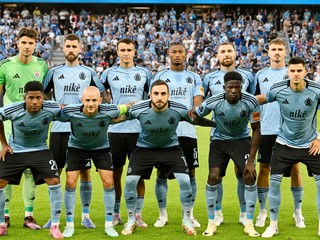 Zostava Slovana pred začiatkom stretnutia 2. predkola LM ŠK Slovan Bratislava - HŠK Zrinjski Mostar.