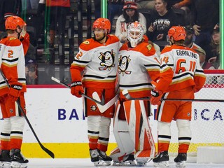 Hokejisti Anaheim Ducks oslavujú triumf.