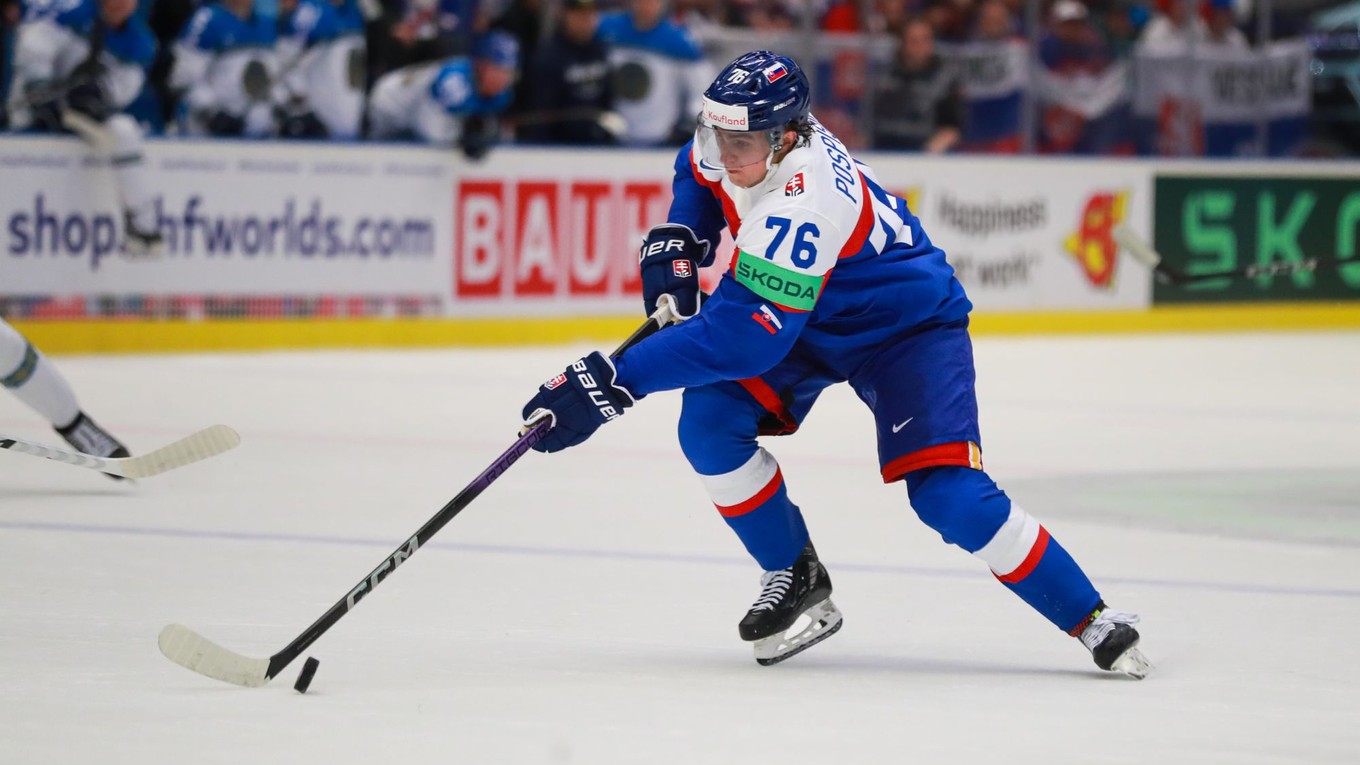 Slovenský hokejista Martin Pospíšil v zápase proti Kazachstanu na MS 2024 v Ostrave. 