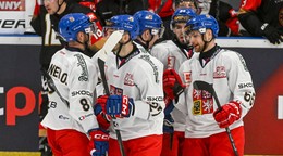 Českí hokejisti sa tešia z gólu.