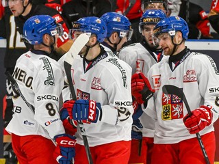 Českí hokejisti sa tešia z gólu.