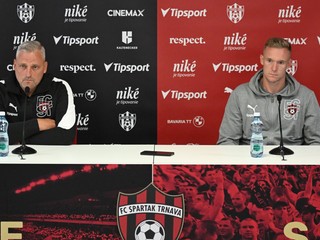 Tréner Michal Ščasný (vľavo) a hráč Roman Procházka počas tlačovej konferencie pred zápasom FC Spartak Trnava - BK Häcken v 1. predkole Európskej ligy.