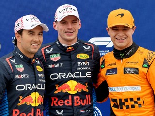 Sergio Peréz, Max Verstappen a Lando Norris po kvalifikácii Veľkej ceny Japonska 2024. 