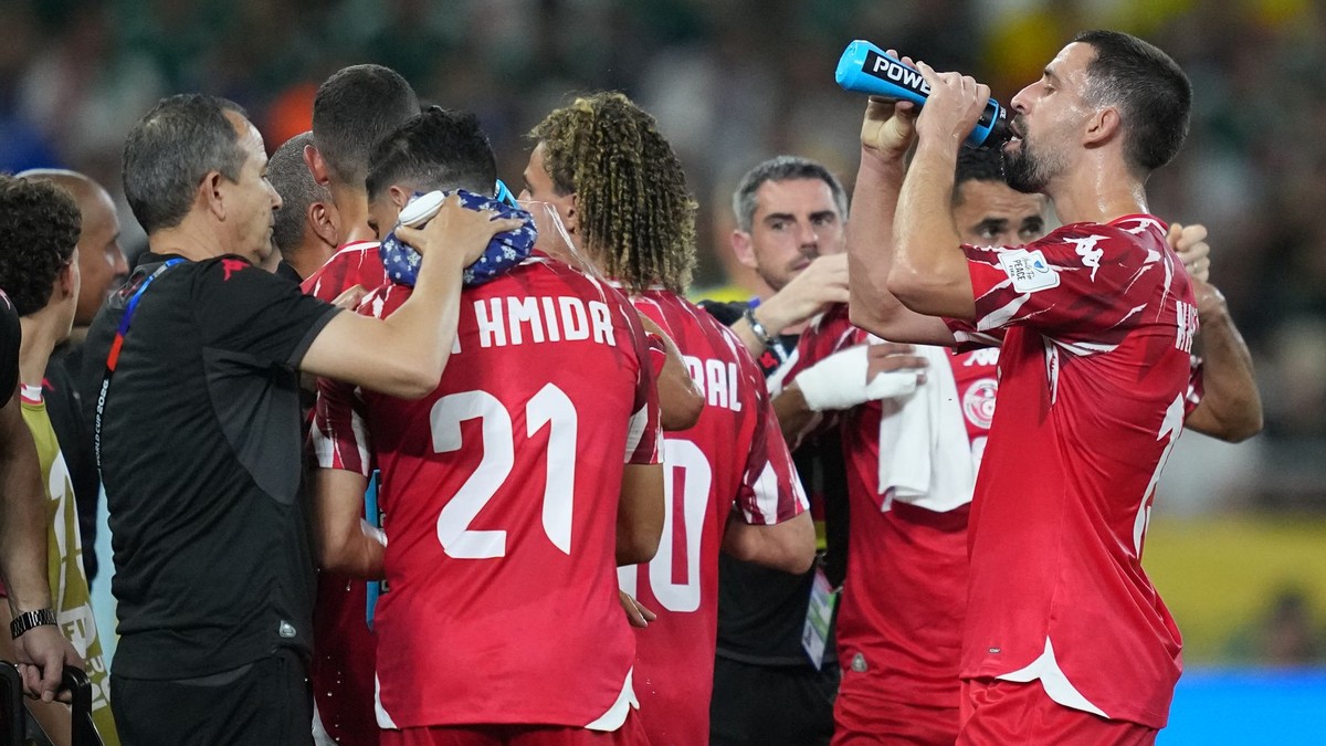 Futbalisti Tuniska počas hydratačnej pauzy v zápase základnej F-skupiny Švédsko - Tunisko.