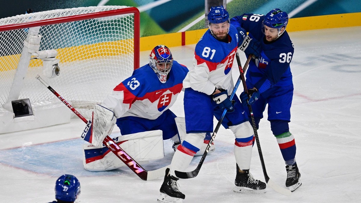 Brankár Stanislav Škorvánek v zápase Slovensko - Taliansko.
