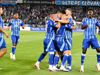 Radosť futbalistov ŠK Slovan Bratislava v predkole Ligy majstrov proti NK Celje. 