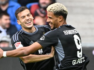 László Bénes (vľavo) z Hamburgeru SV sa teší z gólu so spoluhráčom Robertom Glatzelom.