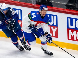 Kevin Bozon a Mislav Rosandič (vpravo) v zápase Slovensko - Francúzsko na MS v hokeji 2025.