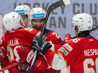 Hráči Liptovského Mikuláša sa tešia z gólu.