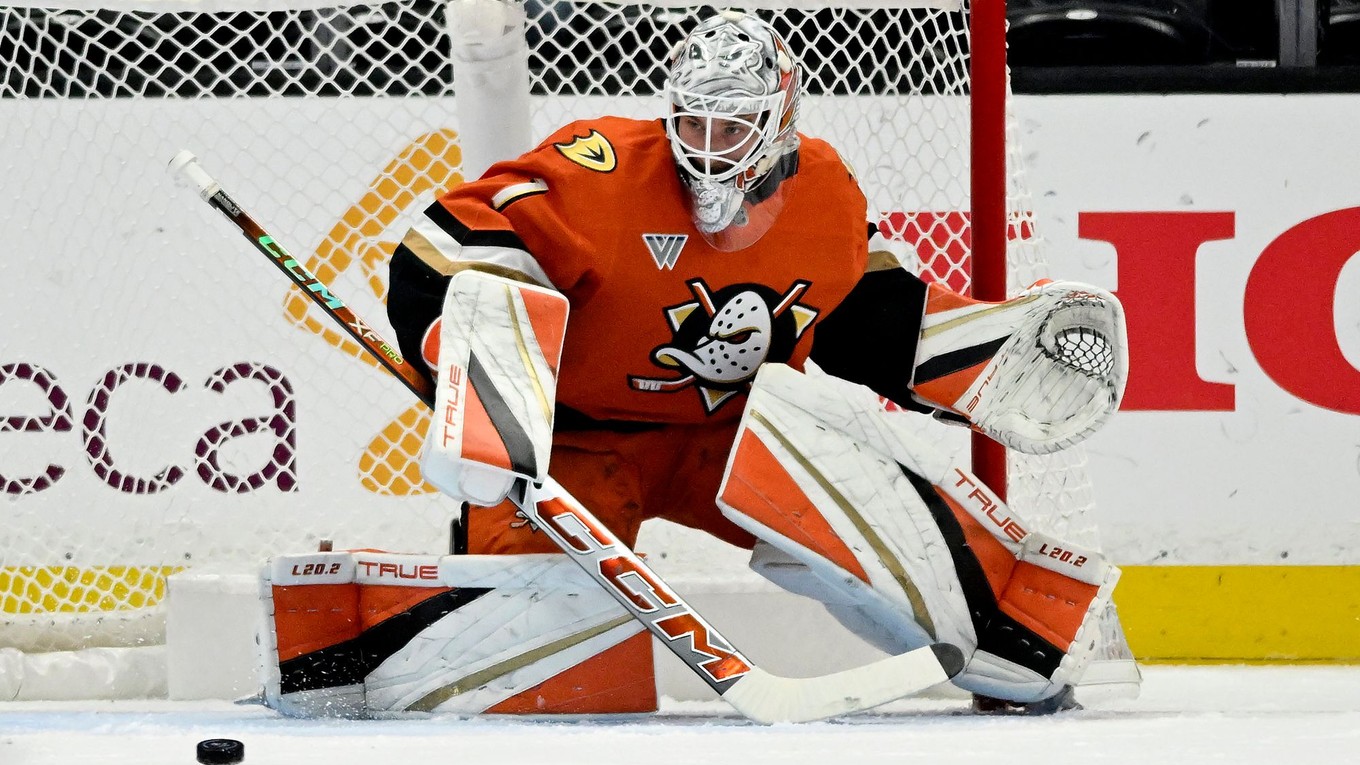 Lukáš Dostál v bránke Anaheimu.