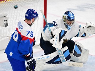 Na snímke fínsky brankár Saros Juuse (vpravo) inkasuje gól, vľavo sa prizerá hráč Slovenska Libor Hudáček.