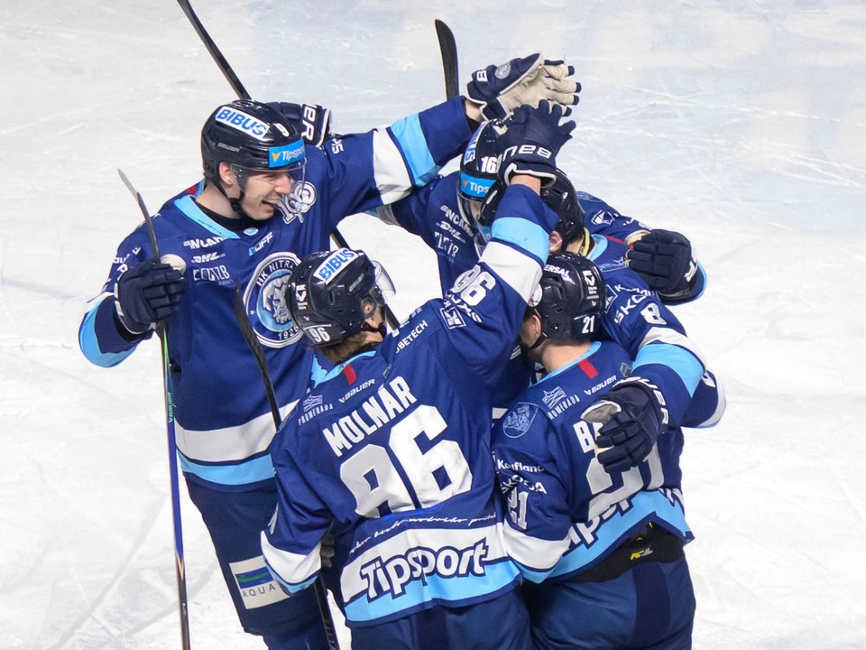 Radosť hráčov Nitry po góle v zápase 34. kola hokejovej Tipsport ligy medzi HK Nitra a HC Slovan Bratislava .