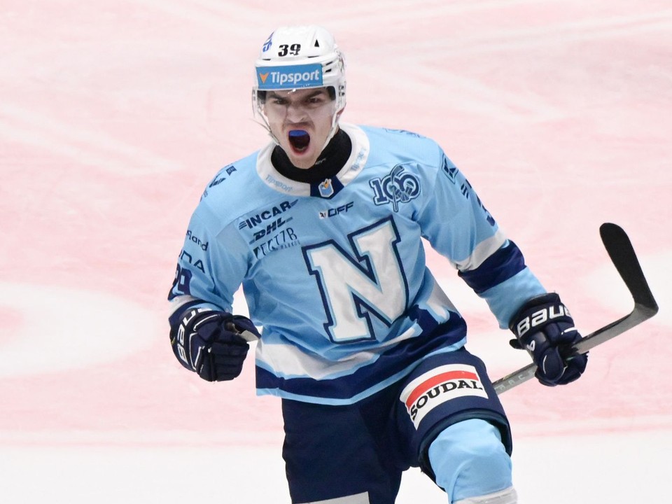 Jakub Lacka (Nitra) sa teší z gólu v zápase 11. kola hokejovej Tipsport ligy.