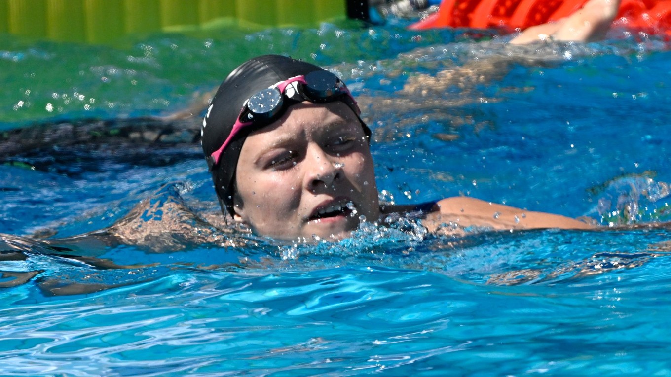 Terézia Horváthová (Slovensko) v cieli na 50m znak na ME junioro.