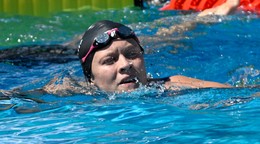 Terézia Horváthová (Slovensko) v cieli na 50m znak na ME junioro.