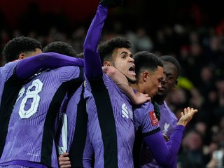 Luis Diaz oslavuje gól so spoluhráčmi Liverpoolu