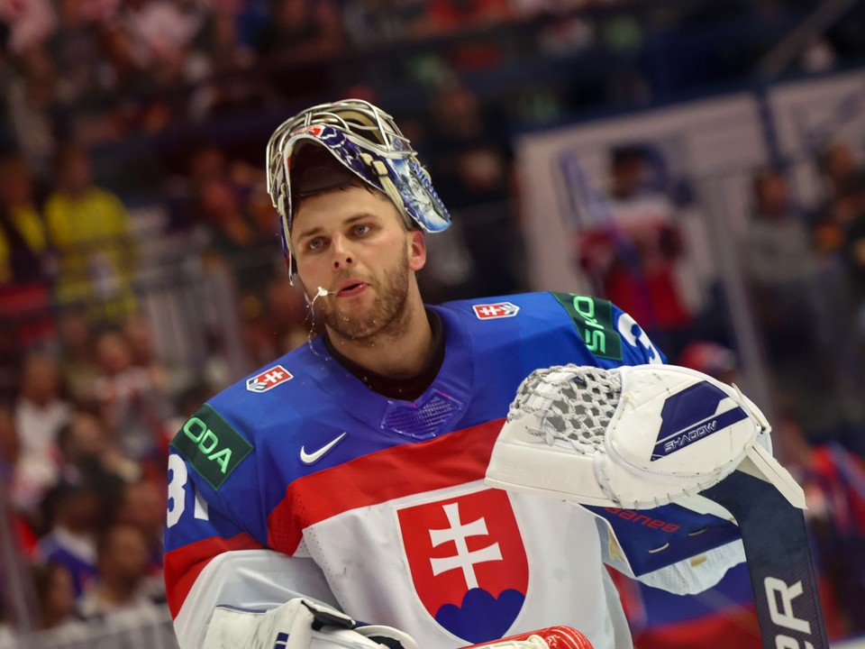 Samuel Hlavaj v zápase Slovensko - Poľsko v skupine B na MS v hokeji 2024.