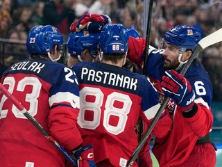 Hokejisti Česka oslavujú gól. 