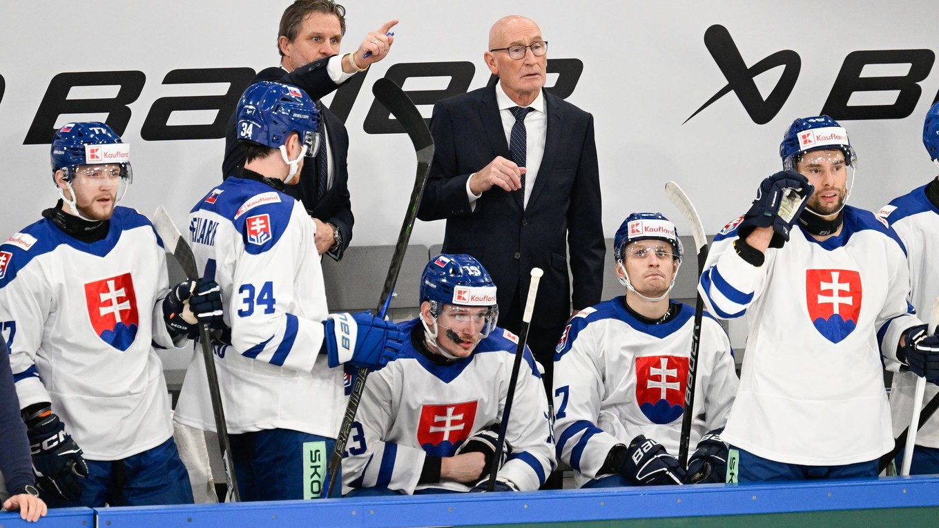 Striedačka Slovenska s trénerom Craigom Ramsaym (vpravo v pozadí) a jeho asistentom Róbertom Petrovickým (vľavo v pozadí) počas hokejového zápasu o Nemecký pohár.