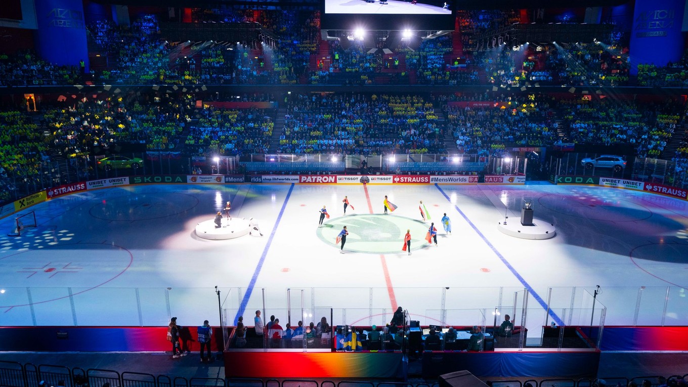 Pohľad na arénu Aviciii Arena počas zápasu základnej A-skupiny Švédsko - Slovensko na MS v hokeji 2025. 