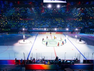 Pohľad na arénu Aviciii Arena počas zápasu základnej A-skupiny Švédsko - Slovensko na MS v hokeji 2025. 